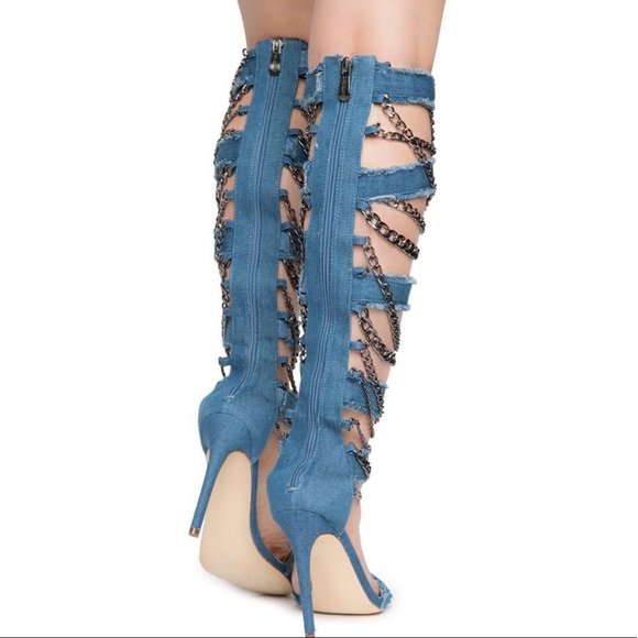 CAPE ROBBIN Denim & Black Chained High Heels - Picture 3 of 5